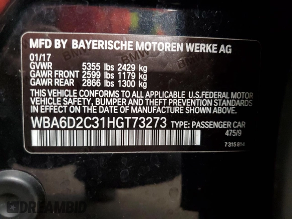 2017 BMW 6 Series z VIN WBA6D2C31HGT73273, wystawiony jako Copart lot #67705734 z przebiegiem 75 080 mil mil oraz Szkoda całkowita • Salvage title. Historia ofert i sprzedaży dostępna na DreamBid. Obrazek 12.