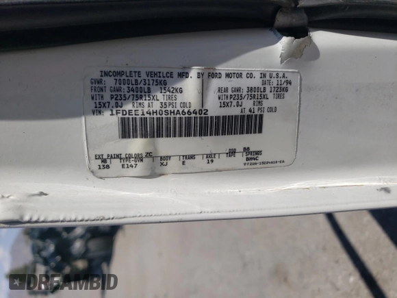 1995 Ford Econoline Cargo with VIN 1FDEE14H0SHA66402, listed as a Copart auction lot 61199173 with Not Provided miles and Non Repairable. Bid and sale history available at DreamBid. Image 13.