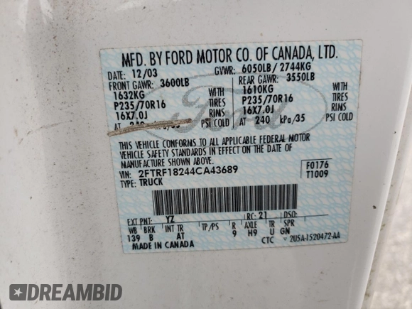 2004 Ford F-150 XL with VIN 2FTRF18244CA43689, listed as a Copart auction lot 57399855 with 152,772 mi miles and Salvage title. Bid and sale history available at DreamBid. Image 12.