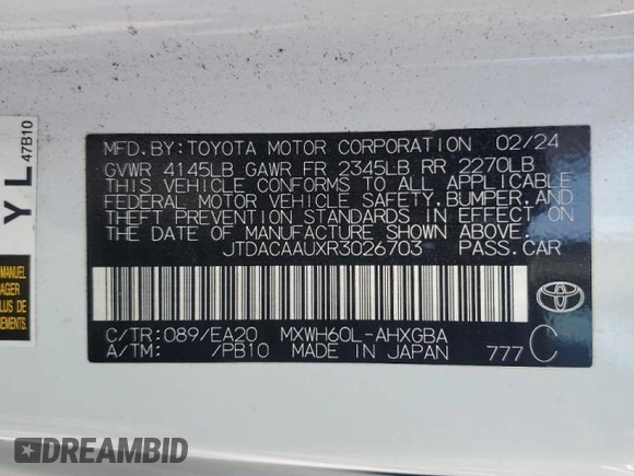 2024 Toyota Prius LE with VIN JTDACAAUXR3026703, listed as a Copart auction lot 50629445 with Not Provided miles and Salvage Title. Bid and sale history available at DreamBid. Image 13.
