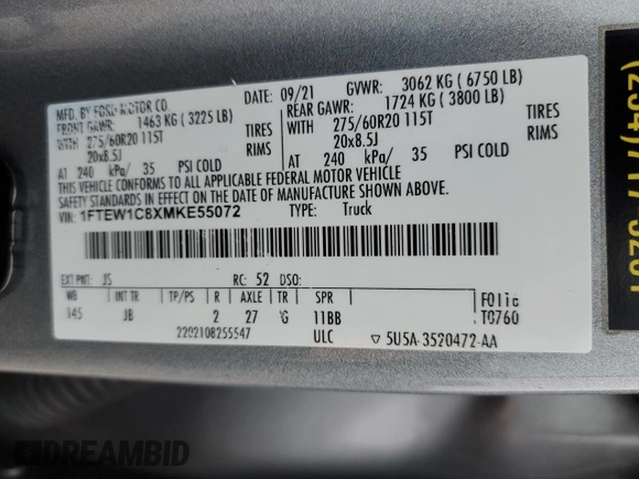 2021 Ford F-150 XL with VIN 1FTEW1C8XMKE55072, listed as a Copart auction lot 46501685 with 82,833 mi miles and Salvage title. Bid and sale history available at DreamBid. Image 12.