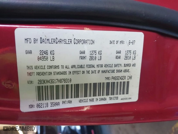 2007 Dodge Charger with VIN 2B3KA43G17H878310, listed as a IAAI auction lot 40806552 with NaN miles. Bid and sale history available at carsss.com. Image 9.