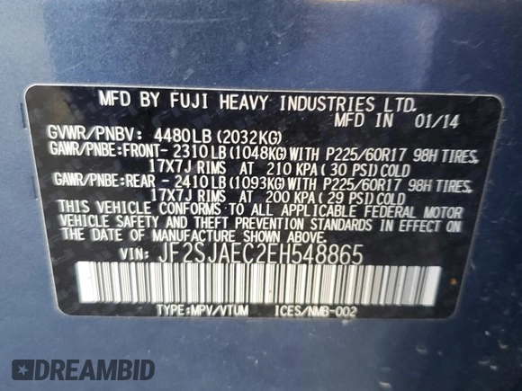 2014 Subaru Forester Premium with VIN JF2SJAEC2EH548865, listed as a Copart auction lot 54209235 with 79,318 mi miles and Salvage Title. Bid and sale history available at DreamBid. Image 14.