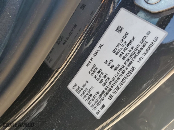 2023 Tesla Model 3 with VIN 5YJ3E1EA2PF438438, listed as a Copart auction lot 52901375 with 63,181 mi miles and Salvage Title. Bid and sale history available at carsss.com. Image 13.