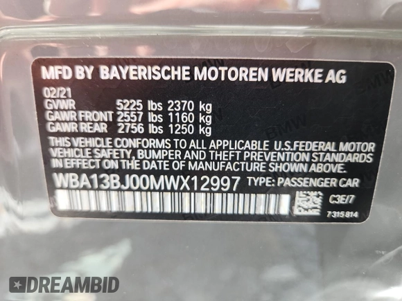 2021 BMW 5 Series 530i xDrive with VIN WBA13BJ00MWX12997, listed as a Copart auction lot 60900435 with 55,064 mi miles and Salvage title. Bid and sale history available at DreamBid. Image 12.