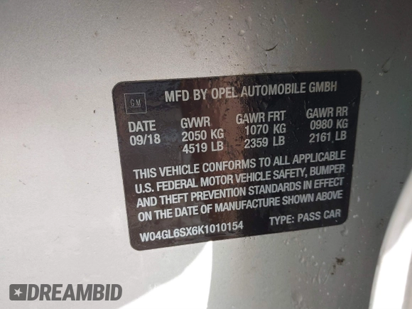 2019 Buick Regal Preferred with VIN W04GL6SX6K1010154, listed as a IAAI auction lot 41732473 with 38,736 mi miles and . Bid and sale history available at DreamBid. Image 9.
