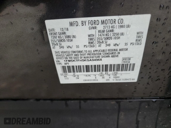2019 Ford Explorer Limited z VIN 1FM5K7FH5KGA94968, wystawiony jako Copart lot #85310154 z przebiegiem 111 865 mil mil oraz Szkoda całkowita • Salvage title. Historia ofert i sprzedaży dostępna na DreamBid. Obrazek 13.