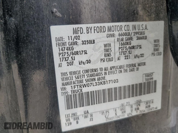 2003 Ford F-150 XLT with VIN 1FTRW07L33KB17103, listed as a Copart auction lot 49471045 with 194,367 mi miles and Salvage Title. Bid and sale history available at carsss.com. Image 14.