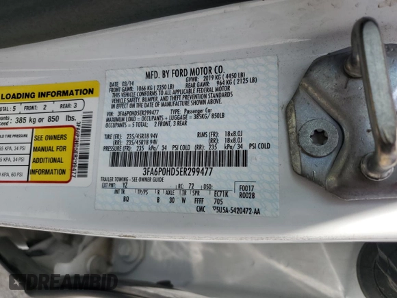 2014 Ford Fusion SE with VIN 3FA6P0HD5ER299477, listed as a Copart auction lot 54628495 with 198,256 mi miles and Clean Title. Bid and sale history available at DreamBid. Image 12.