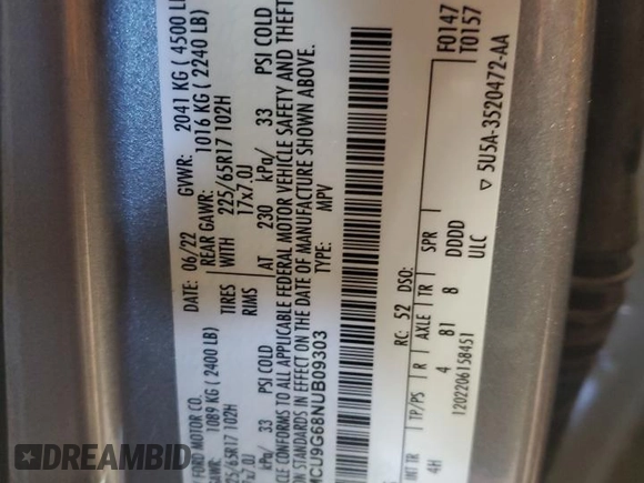 2022 Ford Escape SE with VIN 1FMCU9G68NUB09303, listed as a Copart auction lot 50367795 with 110,088 mi miles and Clean Title. Bid and sale history available at DreamBid. Image 13.