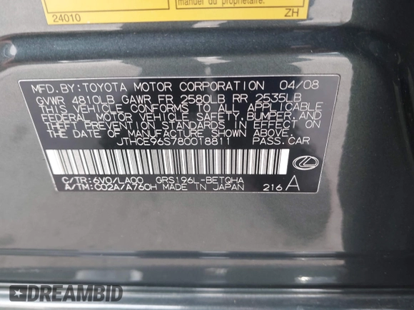 2008 Lexus GS 350 z VIN JTHCE96S780018811, wystawiony jako IAAI lot #41269527 z przebiegiem 59 655 mil mil oraz . Historia ofert i sprzedaży dostępna na DreamBid. Obrazek 9.