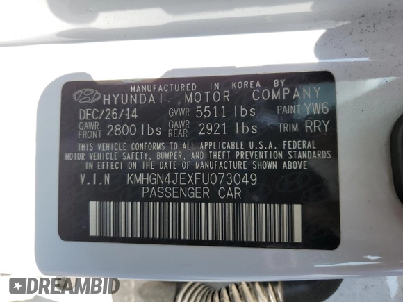 2015 Hyundai Genesis 3.8L with VIN KMHGN4JEXFU073049, listed as a Copart auction lot 68503014 with 113,609 mi miles and Salvage Title. Bid and sale history available at carsss.com. Image 15.