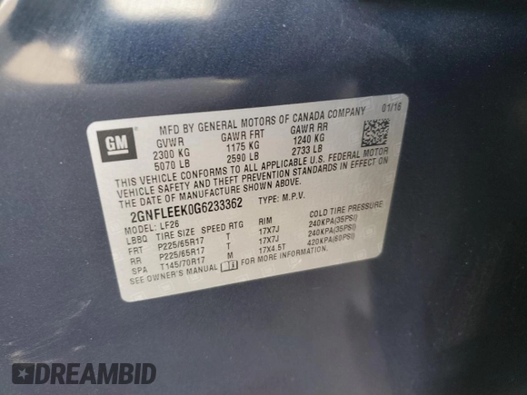 2016 Chevrolet Equinox LS with VIN 2GNFLEEK0G6233362, listed as a Copart auction lot 50273855 with 146,933 mi miles and Salvage Title. Bid and sale history available at DreamBid. Image 15.