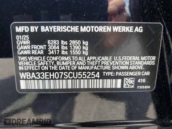 2025 BMW 7 Series 740i xDrive with VIN WBA33EH07SCU55254, listed as a Copart auction lot 62841015 with 4,314 mi miles and Clean title. Bid and sale history available at DreamBid. Image 13.