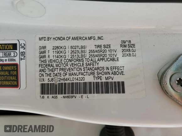 2019 Acura RDX w/A-Spec Pkg with VIN 5J8TC2H64KL014320, listed as a Copart auction lot 53354005 with 71,652 mi miles and Salvage Title. Bid and sale history available at DreamBid. Image 13.