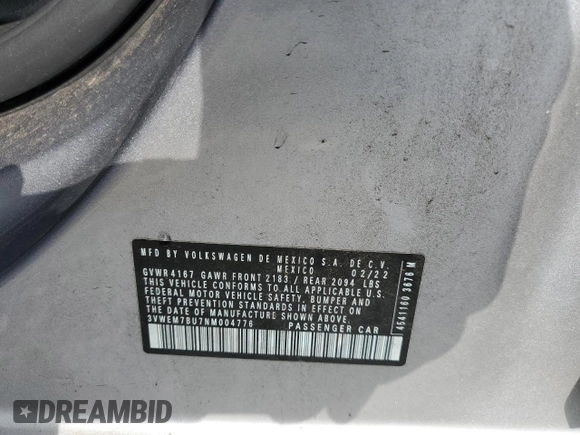 2022 Volkswagen Jetta SE with VIN 3VWEM7BU7NM004776, listed as a Copart auction lot 54968125 with 37,216 mi miles and Salvage title. Bid and sale history available at DreamBid. Image 12.