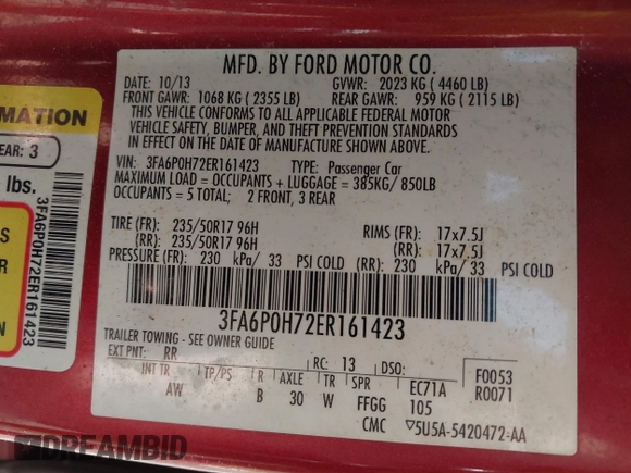 2014 Ford Fusion SE with VIN 3FA6P0H72ER161423, listed as a IAAI auction lot 42077344 with 105,505 mi miles and . Bid and sale history available at DreamBid. Image 9.