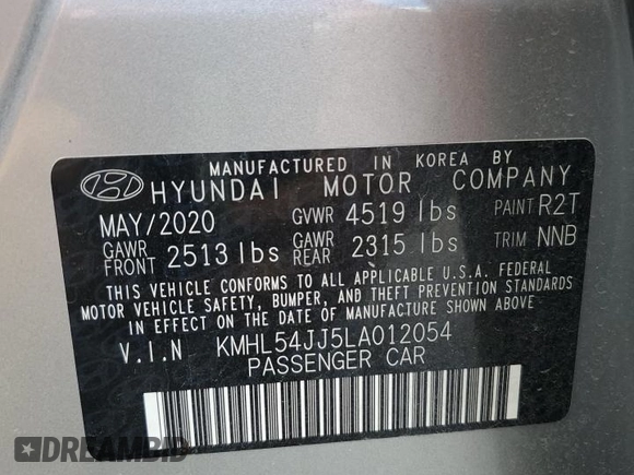 2020 Hyundai Sonata Hybrid Limited with VIN KMHL54JJ5LA012054, listed as a Copart auction lot 69770964 with 37,239 mi miles and Salvage Title. Bid and sale history available at carsss.com. Image 12.