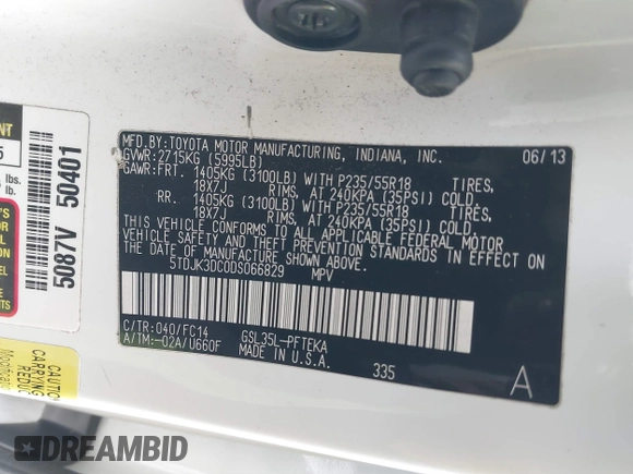 2013 Toyota Sienna LE with VIN 5TDJK3DC0DS066829, listed as a IAAI auction lot 41635076 with 205,808 mi miles and . Bid and sale history available at DreamBid. Image 9.