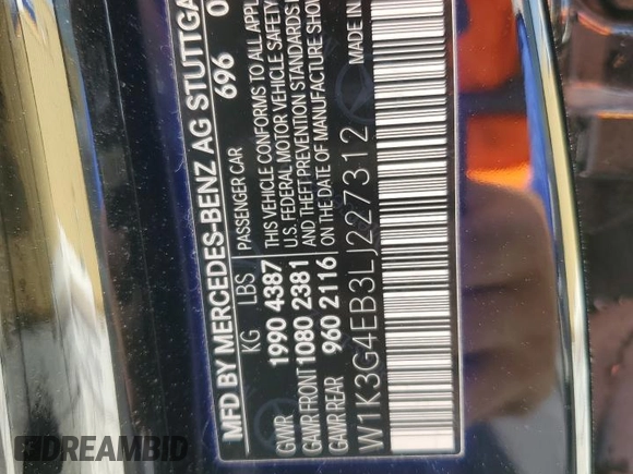 2020 Mercedes-Benz A 220 with VIN W1K3G4EB3LJ227312, listed as a Copart auction lot 51070615 with 34,247 mi miles and Salvage title. Bid and sale history available at DreamBid. Image 12.