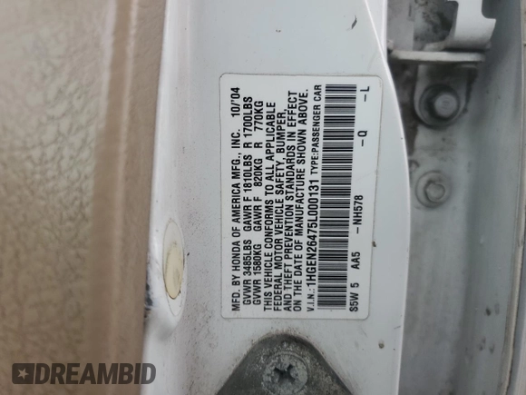 2005 Honda Civic z VIN 1HGEN26475L000131, wystawiony jako Copart lot #87538295 z przebiegiem 180 673 mil mil oraz Czysty tytuł • Clean title. Historia ofert i sprzedaży dostępna na DreamBid. Obrazek 12.
