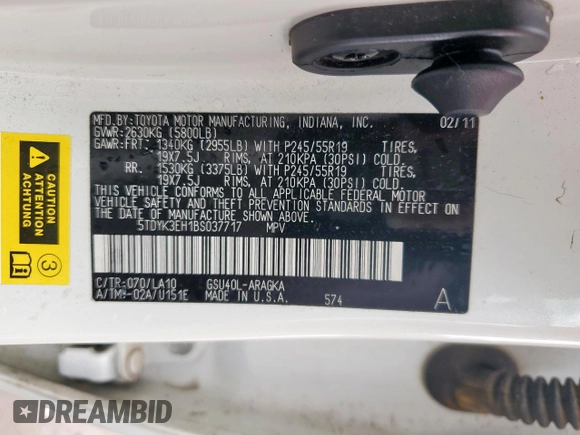 2011 Toyota Highlander Limited with VIN 5TDYK3EH1BS037717, listed as a Copart auction lot 55454495 with 98,824 mi miles and Clean title. Bid and sale history available at DreamBid. Image 14.