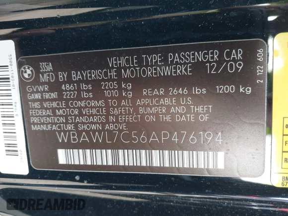 2010 BMW 3 Series 335i with VIN WBAWL7C56AP476194, listed as a IAAI auction lot 41397024 with 69,346 mi miles. Bid and sale history available at carsss.com. Image 9.
