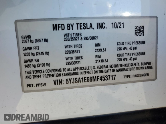 2021 Tesla Model S Plaid с VIN 5YJSA1E66MF453717, выставлен на аукционе Copart как лот 49330355 с пробегом 64 458 миль миль и Списание • Salvage title. История ставок и продаж доступна на DreamBid. Изображение 14.