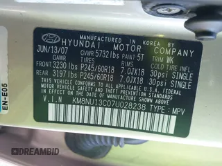 2007 Hyundai Veracruz GLS with VIN KM8NU13C07U028238, listed as a IAAI auction lot 42122348 with 178,690 mi miles and . Bid and sale history available at DreamBid. Image 9.