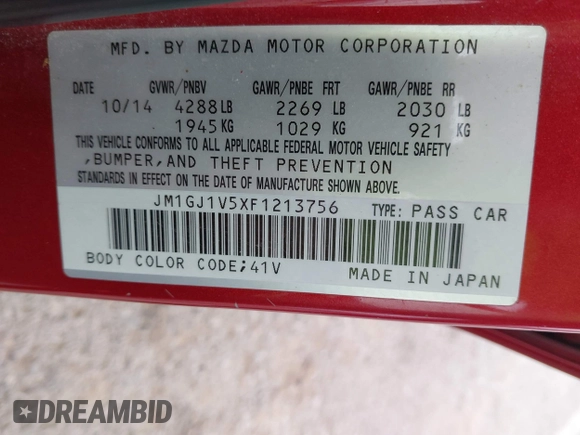 2015 Mazda 6 i Touring with VIN JM1GJ1V5XF1213756, listed as a IAAI auction lot 41943777 with 105,736 mi miles and . Bid and sale history available at carsss.com. Image 9.