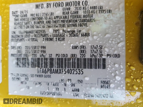 2015 Ford Mustang V6 with VIN 1FA6P8AMXF5402535, listed as a Copart auction lot 42999345 with 188,233 mi miles and Salvage Title. Bid and sale history available at DreamBid. Image 15.