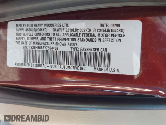 2000 Subaru Legacy Outback with VIN 4S3BH6655Y7604458, listed as a IAAI auction lot 42156830 with 192,024 mi miles and . Bid and sale history available at DreamBid. Image 9.