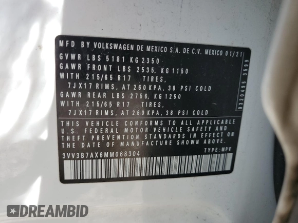 2021 Volkswagen Tiguan SE z VIN 3VV3B7AX6MM068304, wystawiony jako Copart lot #53488305 z przebiegiem 57 744 mil mil oraz Szkoda całkowita • Salvage title. Historia ofert i sprzedaży dostępna na DreamBid. Obrazek 14.