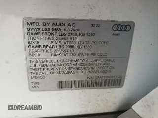 2022 Audi Q5 S line Premium with VIN WA1GAAFY9N2071105, listed as a Copart auction lot 73040122 with 21,502 mi miles. Bid and sale history available at carsss.com. Image 16.