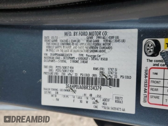 2011 Ford Fusion SEL with VIN 3FAHP0JA0BR334379, listed as a Copart auction lot 48172745 with 91,445 mi miles and Salvage Title. Bid and sale history available at carsss.com. Image 12.