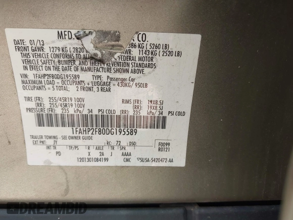 2013 Ford Taurus Limited с VIN 1FAHP2F80DG195589, выставлен на аукционе IAAI как лот 42349612 с пробегом 216 474 миль миль и . История ставок и продаж доступна на DreamBid. Изображение 9.