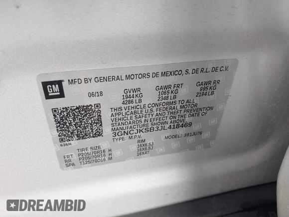 2018 Chevrolet Trax LS with VIN 3GNCJKSB3JL418469, listed as a IAAI auction lot 40842886 with 22,029 mi miles. Bid and sale history available at carsss.com. Image 9.