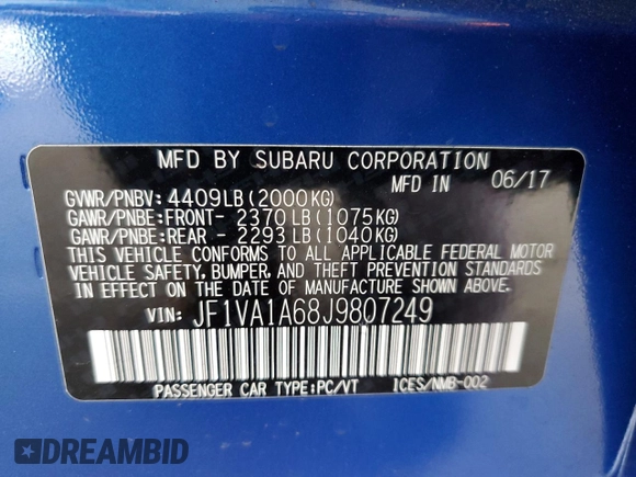 2018 Subaru WRX с VIN JF1VA1A68J9807249, выставлен на аукционе Copart как лот 53170885 с пробегом 43 610 миль миль и Списание • Salvage title. История ставок и продаж доступна на DreamBid. Изображение 12.
