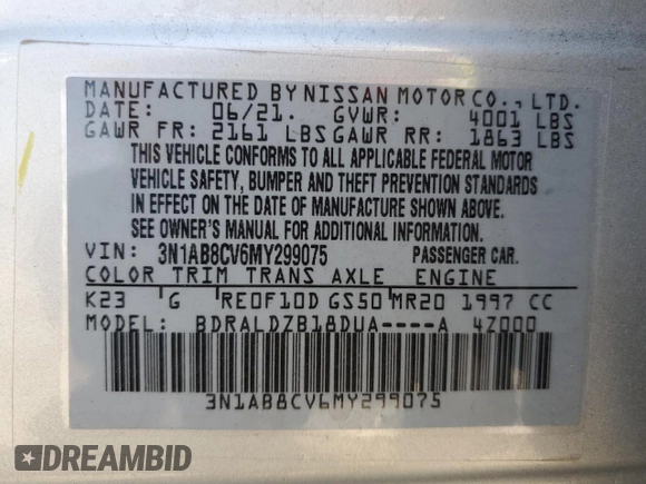2021 Nissan Sentra SV with VIN 3N1AB8CV6MY299075, listed as a Copart auction lot 50176035 with 68,182 mi miles and Salvage Title. Bid and sale history available at DreamBid. Image 14.