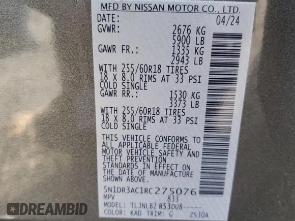 2024 Nissan Pathfinder S z VIN 5N1DR3AC1RC275076, wystawiony jako Copart lot #82521824 z przebiegiem 16 240 mil mil oraz Szkoda całkowita • Salvage title. Historia ofert i sprzedaży dostępna na DreamBid. Obrazek 15.