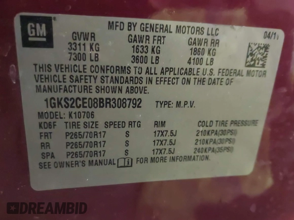 2011 GMC Yukon SLT with VIN 1GKS2CE08BR308792, listed as a IAAI auction lot 41633427 with 216,483 mi miles. Bid and sale history available at carsss.com. Image 9.