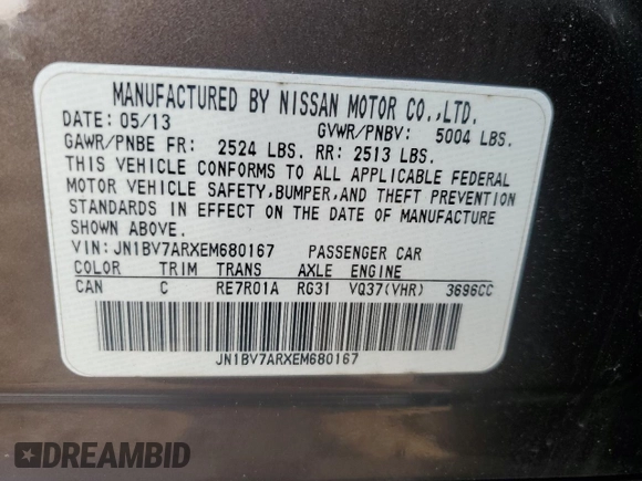 2014 Infiniti Q50 Premium with VIN JN1BV7ARXEM680167, listed as a Copart auction lot 59702095 with 108,196 mi miles and Salvage title. Bid and sale history available at DreamBid. Image 12.