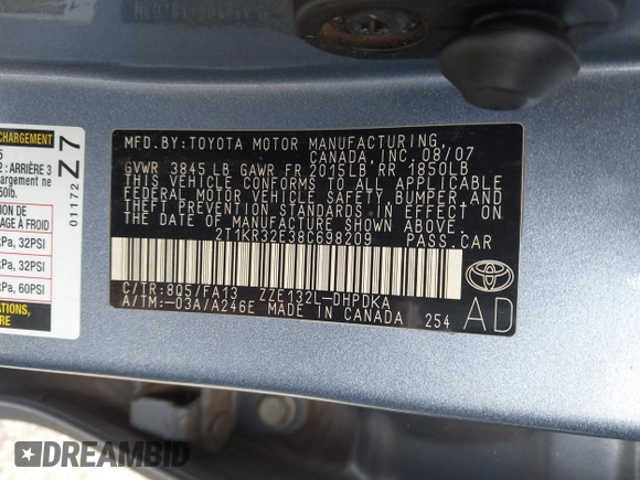 2008 Toyota Matrix STD with VIN 2T1KR32E38C698209, listed as a IAAI auction lot 42033736 with 130,331 mi miles and . Bid and sale history available at DreamBid. Image 9.