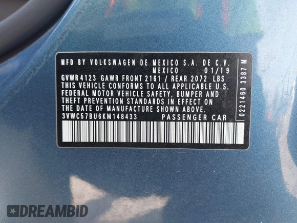 2019 Volkswagen Jetta S with VIN 3VWC57BU6KM148433, listed as a IAAI auction lot 42485665 with 54,984 mi miles and . Bid and sale history available at DreamBid. Image 9.