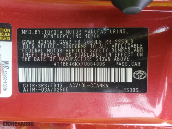 2007 Toyota Camry CE with VIN 4T1BE46KX7U084806, listed as a Copart auction lot 52292395 with 250,424 mi miles and Salvage Title. Bid and sale history available at carsss.com. Image 15.