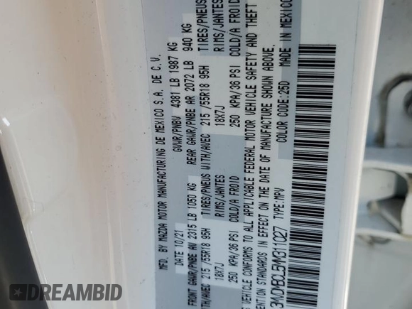 2021 Mazda CX-30 Preferred with VIN 3MVDMBCL5MM311027, listed as a Copart auction lot 41808605 with 388,809 mi miles and Salvage Title. Bid and sale history available at DreamBid. Image 13.