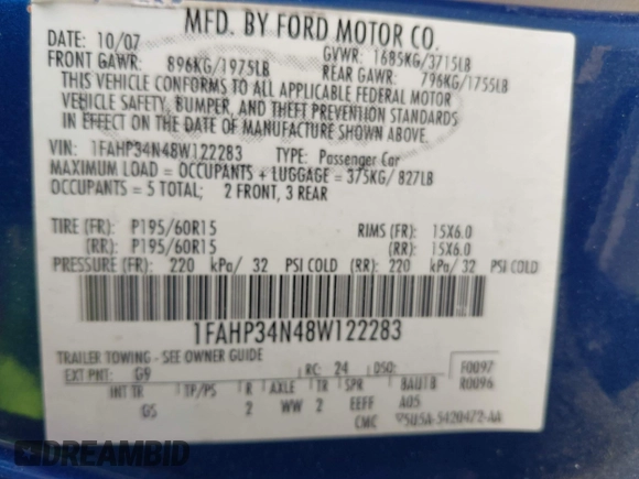 2008 Ford Focus S with VIN 1FAHP34N48W122283, listed as a IAAI auction lot 41845603 with 160,661 mi miles. Bid and sale history available at carsss.com. Image 9.