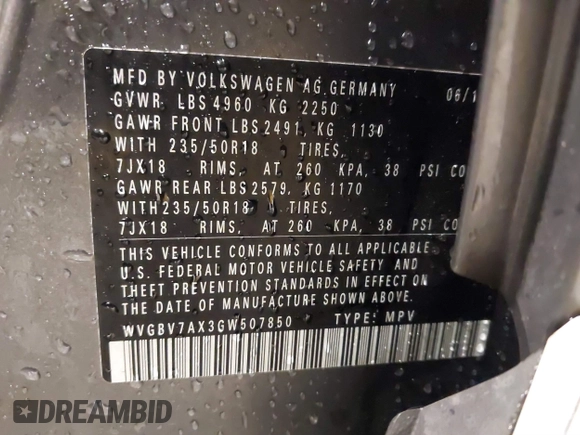 2016 Volkswagen Tiguan SE z VIN WVGBV7AX3GW507850, wystawiony jako IAAI lot #41303866 z przebiegiem 97 989 mil mil oraz . Historia ofert i sprzedaży dostępna na DreamBid. Obrazek 9.