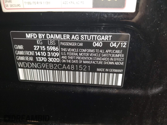 2012 Mercedes-Benz S 550 with VIN WDDNG9EB2CA481521, listed as a IAAI auction lot 41488845 with 89,186 mi miles and . Bid and sale history available at DreamBid. Image 9.