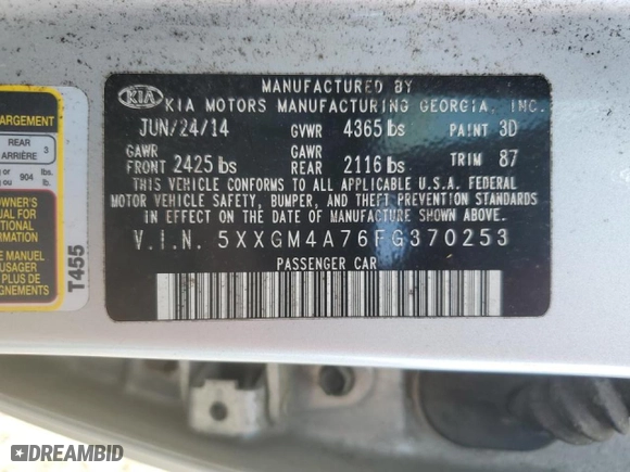 2015 Kia Optima LX with VIN 5XXGM4A76FG370253, listed as a Copart auction lot 51168525 with 231,228 mi miles and Clean Title. Bid and sale history available at carsss.com. Image 12.